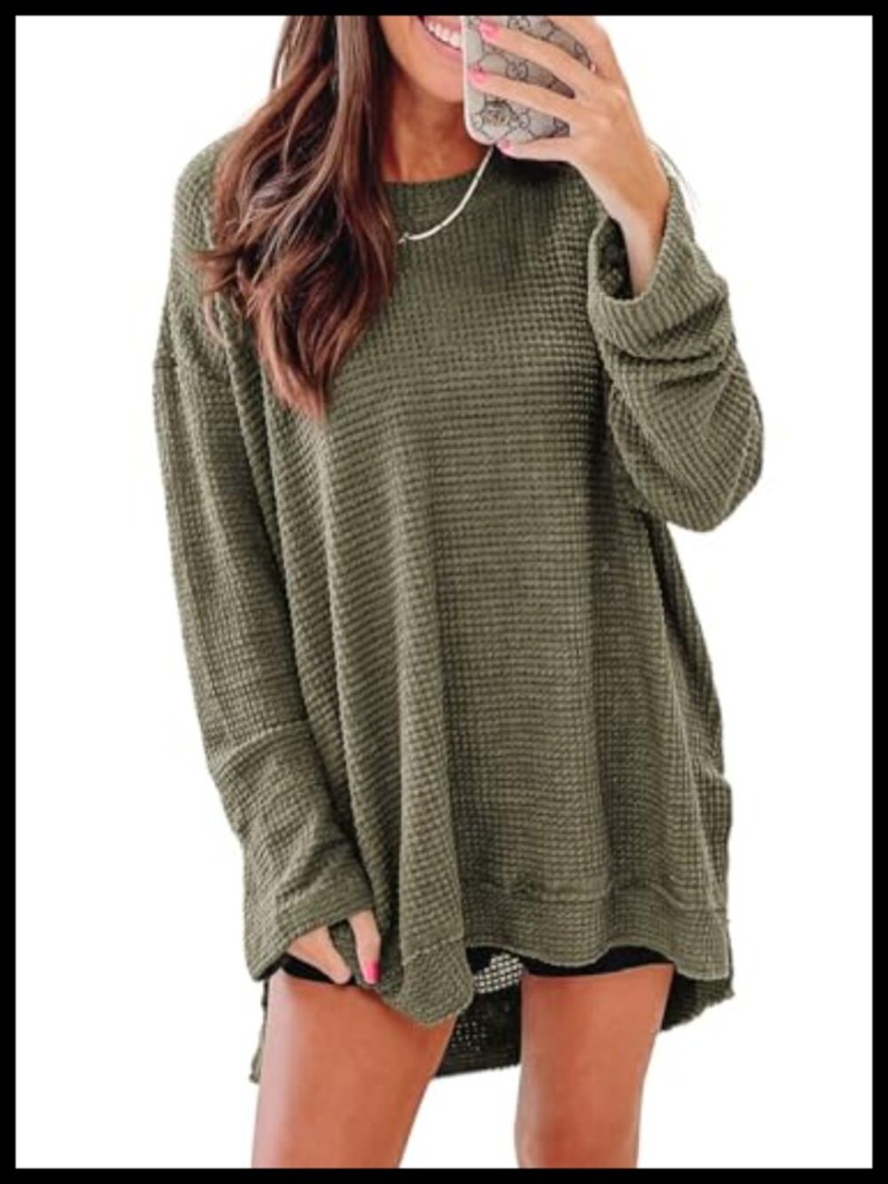 Oversized Waffle Knit Sweatshirt Crewneck Long Sleeve Tunic Top for Women